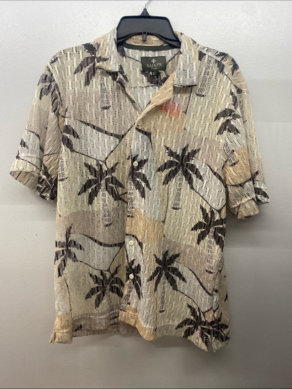 Beige Palm-Print Short-Sleeve Button-Down Shirt